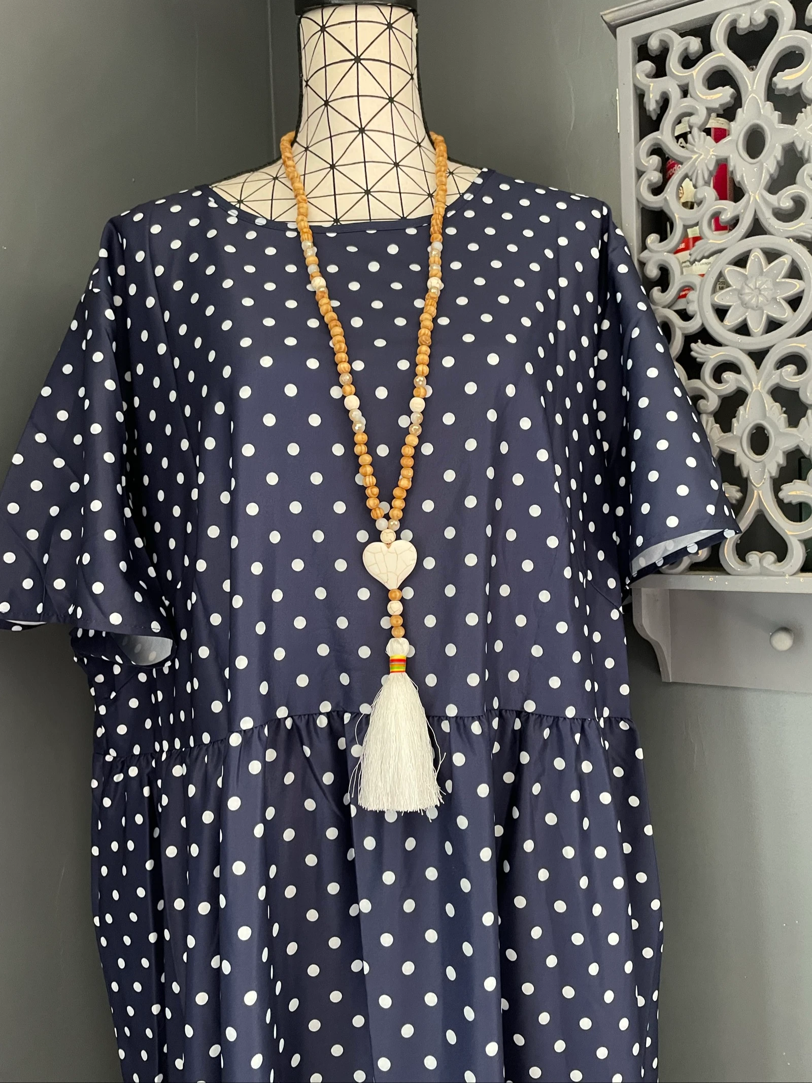 💖 vestido longo azul marinho com poás brancos plus size 54 fluido chique mangas curtas 💖 – photo 4
